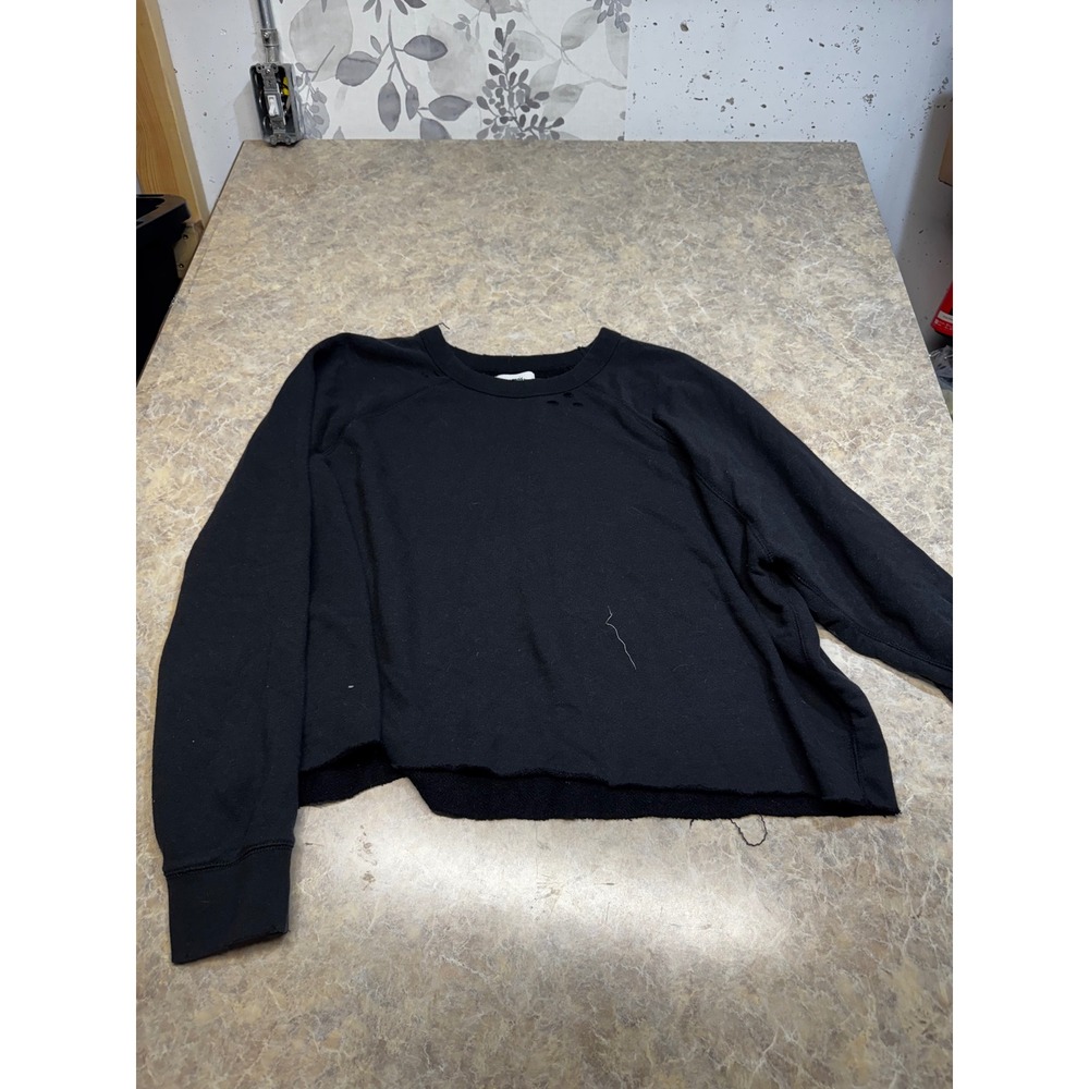 Aerie Womens XXL Black Cropped Distressed Raglan Fleece Sweatshirt Raw Hem